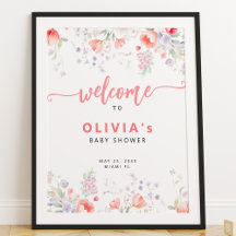 Rosa akvarell blommig välkomstskylt för baby showe