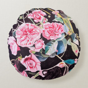 Rosa akvarell blommor blomster målning rund kudde