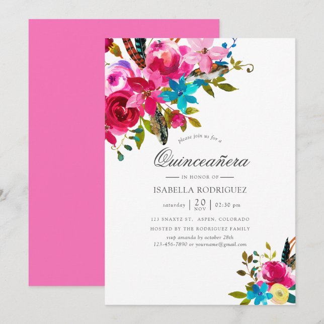 Rosa akvarell Boho Chic Blommig Quinceañera Inbjudningar (Fram/baksida)