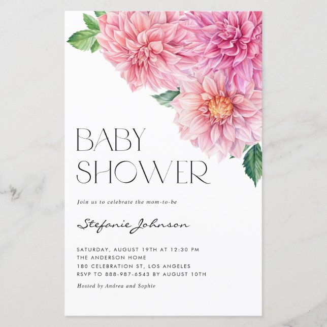 Rosa akvarell Dahlia Baby Shower-inbjudan (Framsida)