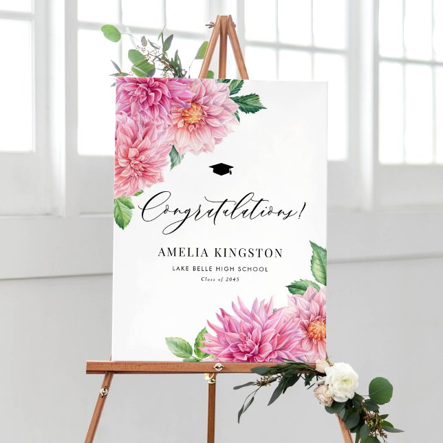 Rosa akvarell Dahlia Grattis till studenten Poster (Congratulations to the graduate! Botanical graduation welcome sign showing watercolor pink dahlias.)