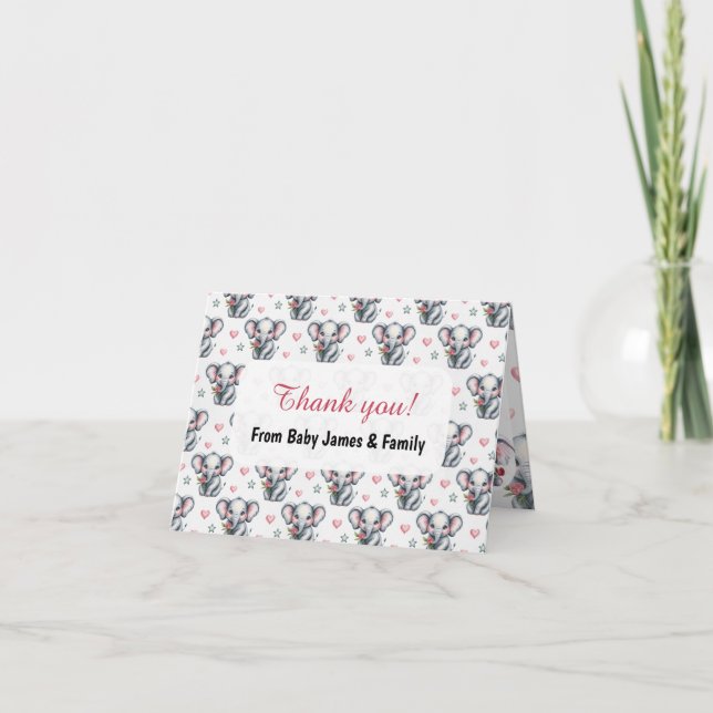 Rosa akvarell Elefant Baby Shower Tack Kort (Framsida)