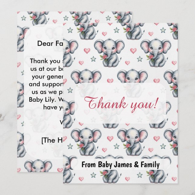 Rosa akvarell Elefant Bebis Shower Tack Kort (Fram/baksida)