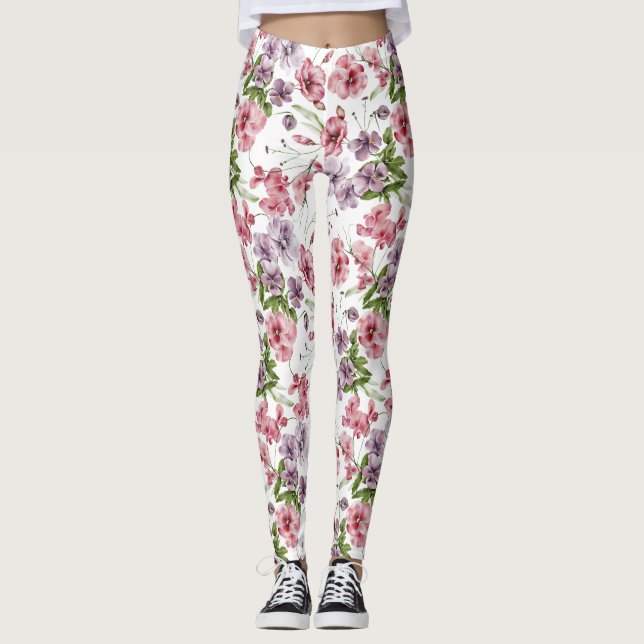 Rosa akvarell engelsk vintage blom-  leggings (Framsida)