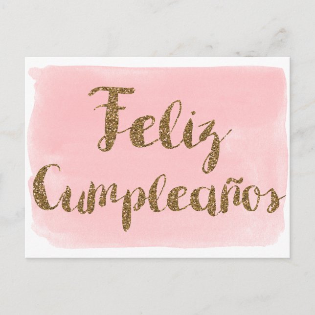 Rosa akvarell guld glitter Feliz Cumpleanos Vykort (Framsida)