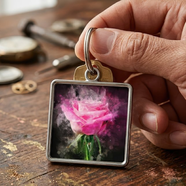 Rosa akvarell i rosa på svart bakgrund fyrkantig silverfärgad nyckelring (Pink Rose Watercolor on Black Background. Keychain)