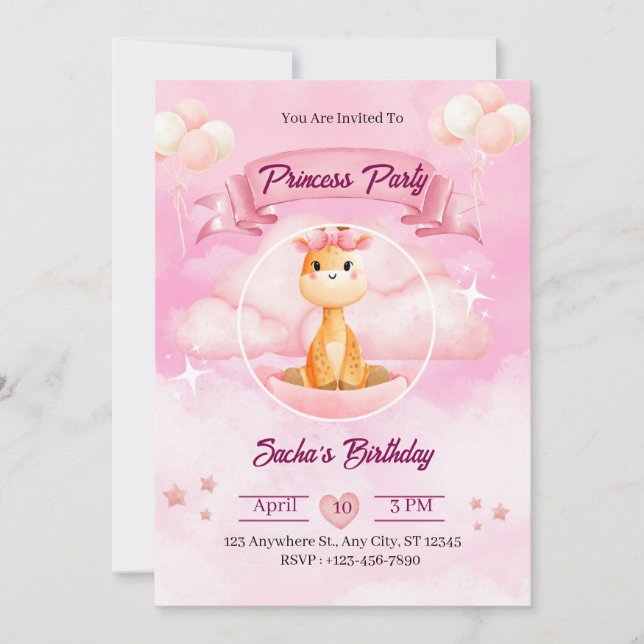 Rosa akvarell Illustrativ Prinsessa Inbjudan (Framsida)