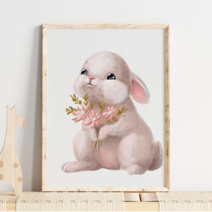 Rosa akvarell kanin blommig   Kanin väggutskrift Poster