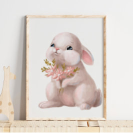 Rosa akvarell kanin blomstermotiv | Kanin väggutsk Poster