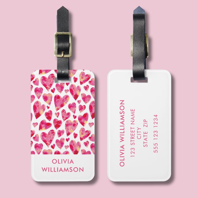 Rosa akvarell kärlek hjärta bagagebricka (Pink watercolour loveheart personalized luggage tag, ideal for honeymoon travel)