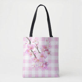 Rosa akvarell körsbärsblommor rutig gingham tygkasse