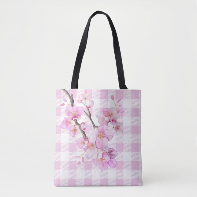 Rosa akvarell körsbärsblommor rutig gingham tygkasse (Framsida)