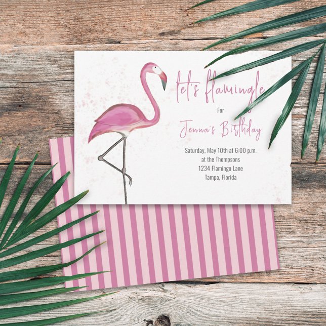 Rosa Akvarell Let's Flamingle Söt Flamingo Inbjudningar (Skapare uppladdad)