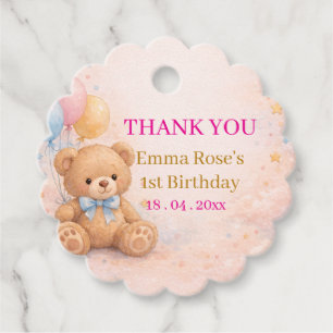 Rosa akvarell Nallebjörn Flicka 1-års födelsedag Gåvor Etiketter