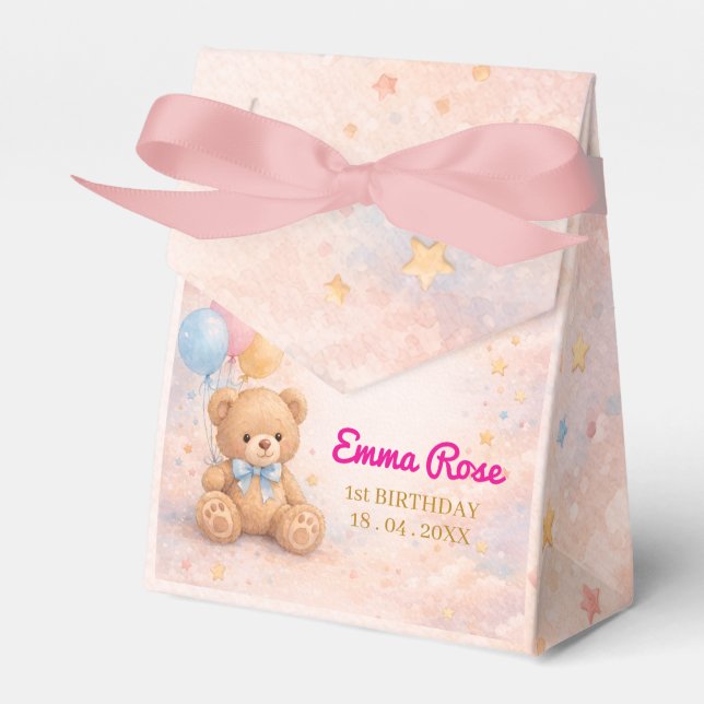 Rosa akvarell Nallebjörn Flicka 1-års födelsedag Presentaskar (Framsidan Sidan)