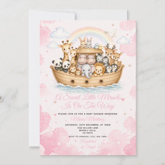 Rosa akvarell Noas ark baby shower Inbjudningar (Framsida)