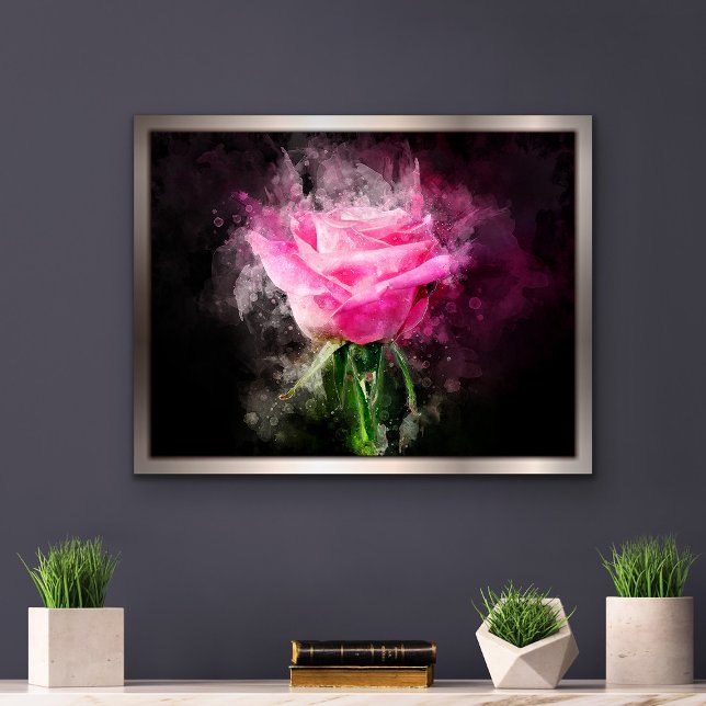 Rosa akvarell på svart bakgrund fototryck (Pink Rose Watercolor on Black Background. Photo Print)
