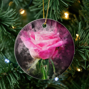 Rosa akvarell på svart bakgrund julgransprydnad keramik