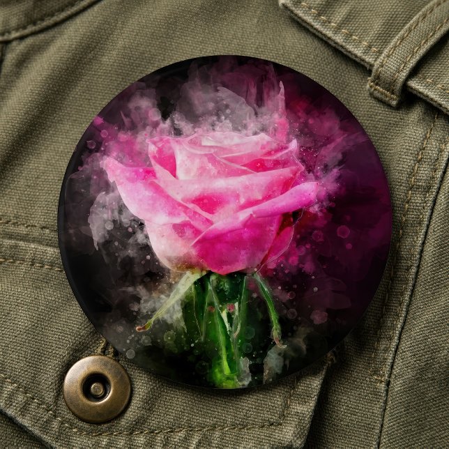 Rosa akvarell på svart bakgrund knapp (Pink Rose Watercolor on Black Background. Button)