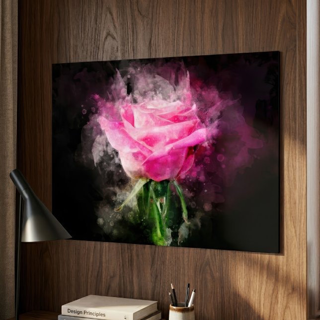 Rosa akvarell på svart bakgrund poster (Pink Rose Watercolor on Black Background. Poster)