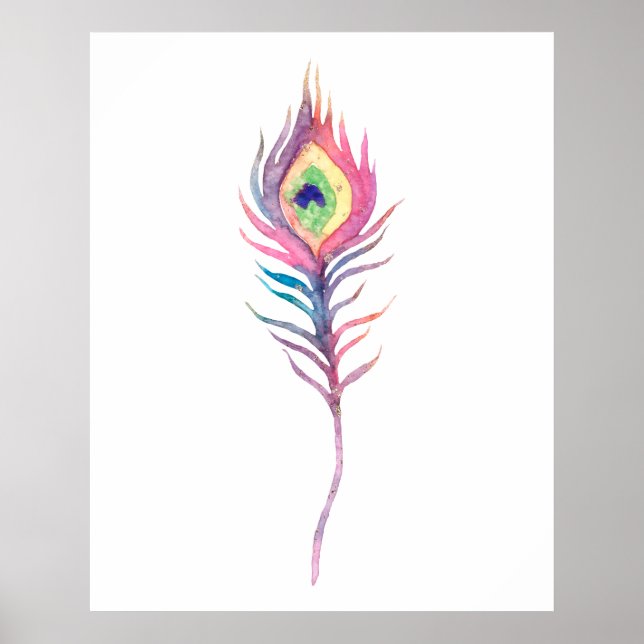 Rosa akvarell påfågelsfjäder   poster (Framsidan)