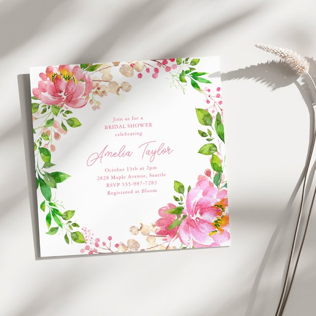 Rosa akvarell peonykrans bröllopsdusch inbjudningar (Skapare uppladdad)