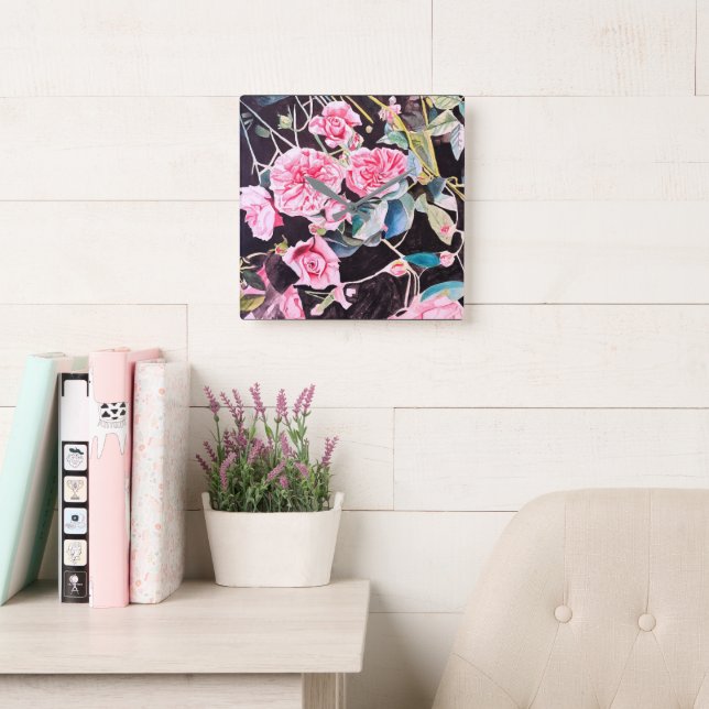 Rosa akvarell rosor blommor blomsterkonst fyrkantig klocka (Läsesal)