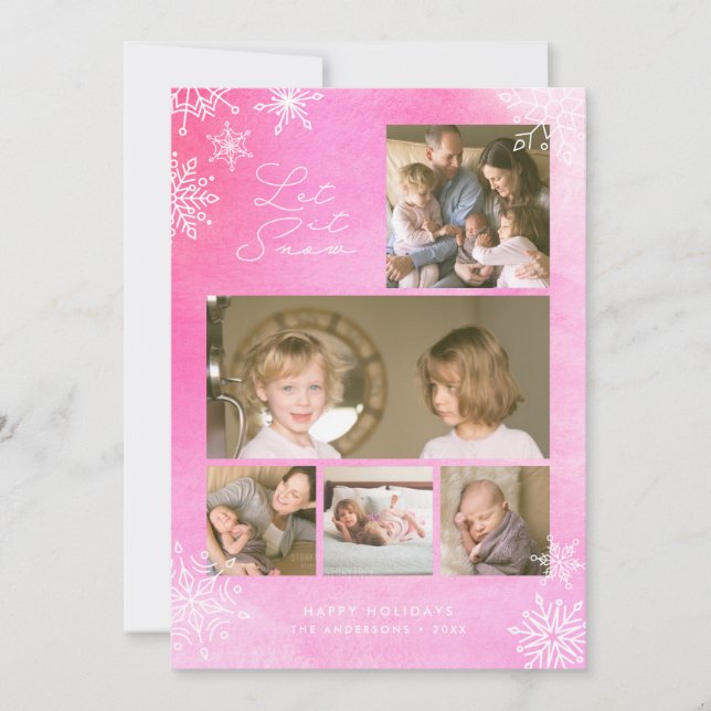 Rosa akvarell snöflingor Låt det snöa Foto Julkort (Framsida)