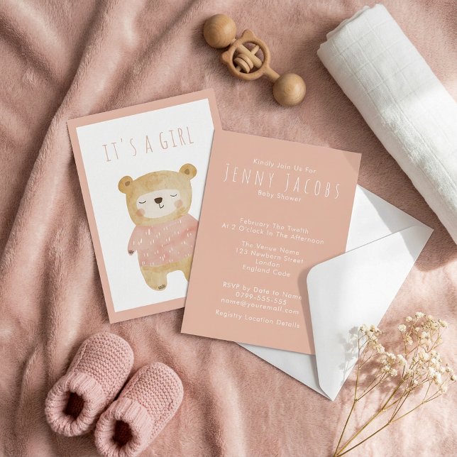Rosa akvarell sömnig teddybjörn ”It's a Girl” Baby Inbjudningar (Pink Watercolor sleepy teddy Bear It's a Girl” Baby Invitation.)