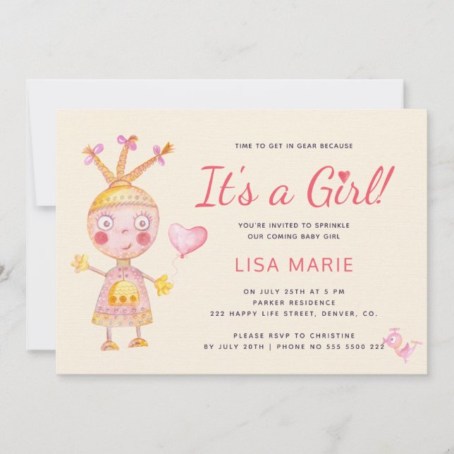 Rosa akvarell söt robot det är en tjej baby shower inbjudningar (Framsida)