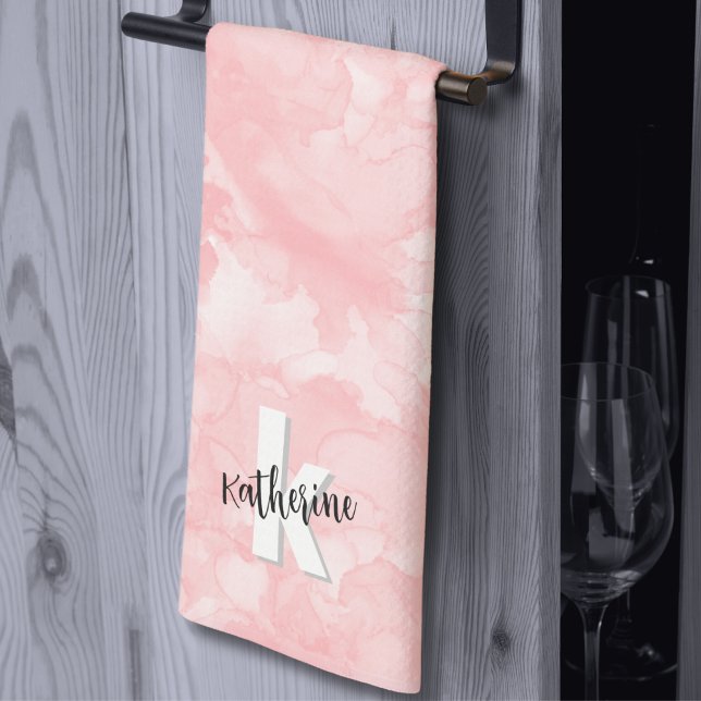 Rosa akvarell Stilig monogram Kökshandduk (Stylish Cute Modern Watercolor Pink Monogram kitchen towel)