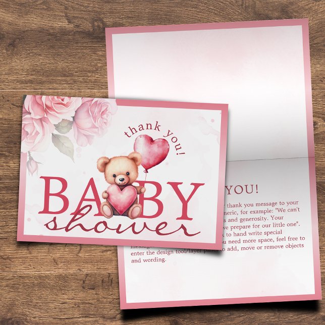 Rosa akvarell Teddy Bear Baby Shower Folding Tack Kort (Skapare uppladdad)