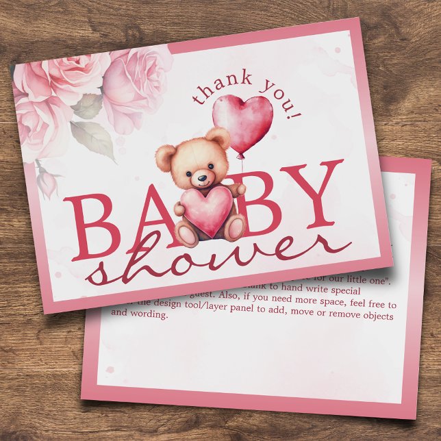 Rosa akvarell Teddy Bear Baby Shower Platt Tack Kort (Skapare uppladdad)