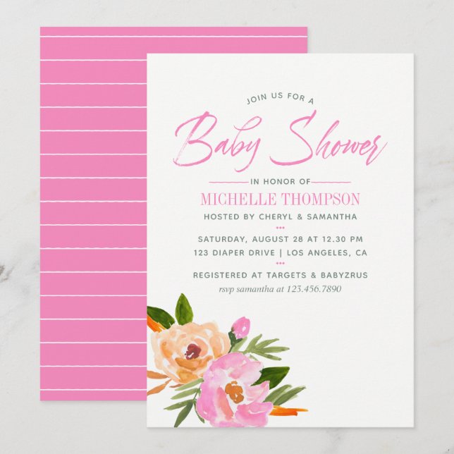 Rosa akvarell vilda blommor Baby Shower Inbjudningar (Fram/baksida)