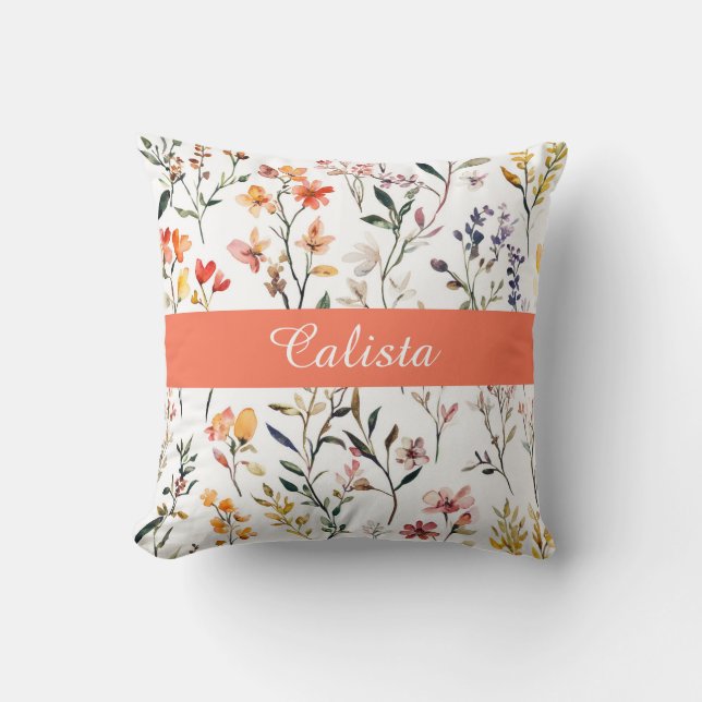 Rosa akvarell vilda blommor monogramnamn kudde (Framsida)