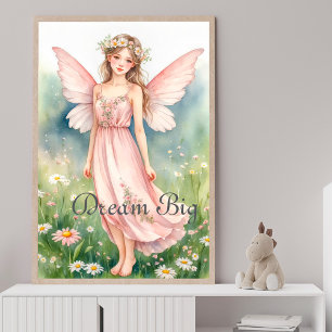 Rosa akvarellälva i äng med vilda blommor vägg poster