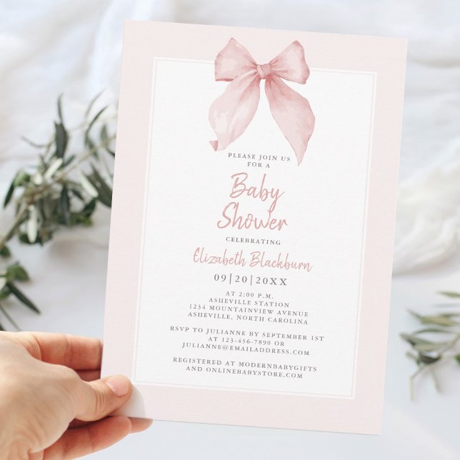Rosa akvarellbåge babykalas Coquette elegant Inbjudningar (Pink Watercolor Bow Baby Shower Coquette Elegant Invitation)