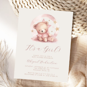 Rosa akvarellbjörn flicka baby shower vykort