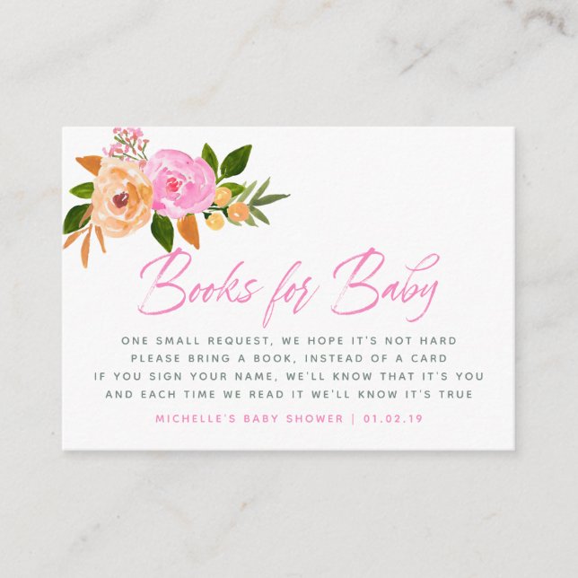Rosa akvarellblomma Baby Shower Bokförfrågan Tilläggskort (Framsida)