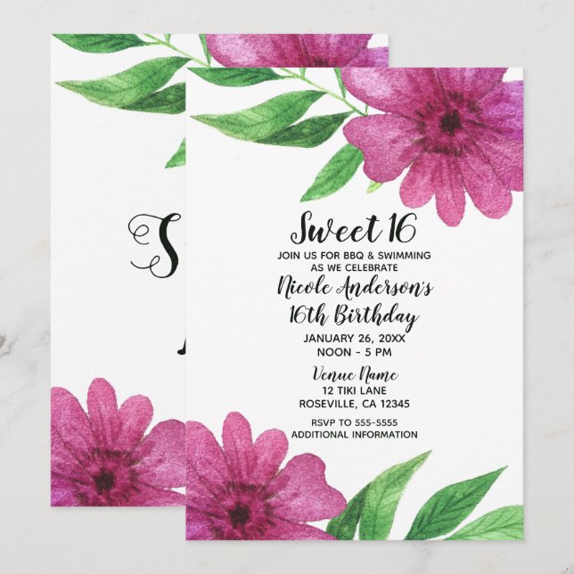 Rosa akvarellblomma Blommig Pop Söt 16-fest Inbjudningar (Fram/baksida)