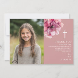 Rosa akvarellblomma foto första heliga kommunion tack kort