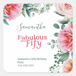 Rosa akvarellblommig 50-årsfest fyrkantigt klistermärke