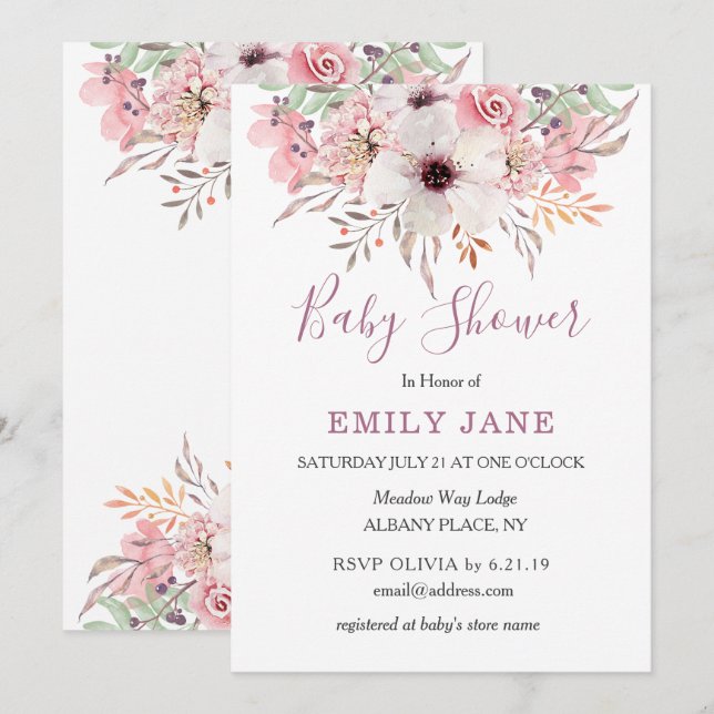 Rosa akvarellblommig baby shower-inbjudan inbjudningar (Fram/baksida)