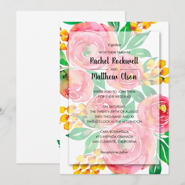 Rosa akvarellblommig bröllop inbjudningar (Fram/baksida)