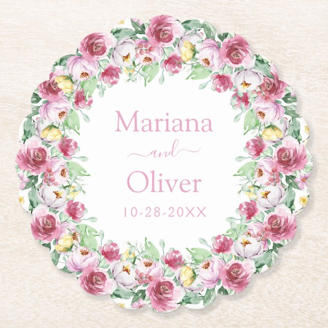 Rosa akvarellblommig bröllop underlägg papper (Framsida)