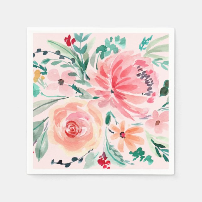 Rosa akvarellblommig bröllopsfest pappersservett (Framsidan)