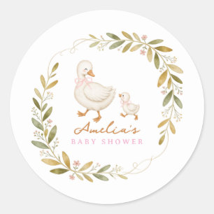 Rosa akvarellblommig dum gås Baby Shower Runt Klistermärke