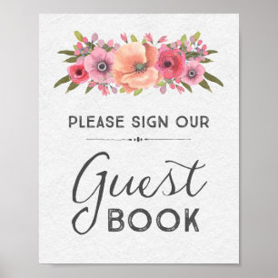 Rosa akvarellblommig gästbok bröllopsskylt poster