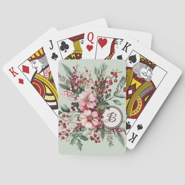 Rosa akvarellblommig jul säsongsmonogram casinokort (Baksidan)