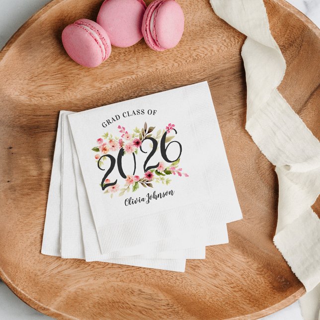 Rosa akvarellblommig klass 2026-examensfirande pappersservett (Skapare uppladdad)